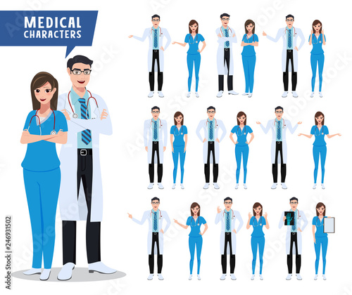 Doctor and nurse vector character set. Medical and health care characters with various poses for presentation isolated in white. Vector illustration.