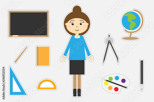 Different colorful school pictures for children, fun education game for kids, preschool activity, set of stickers, vector illustration