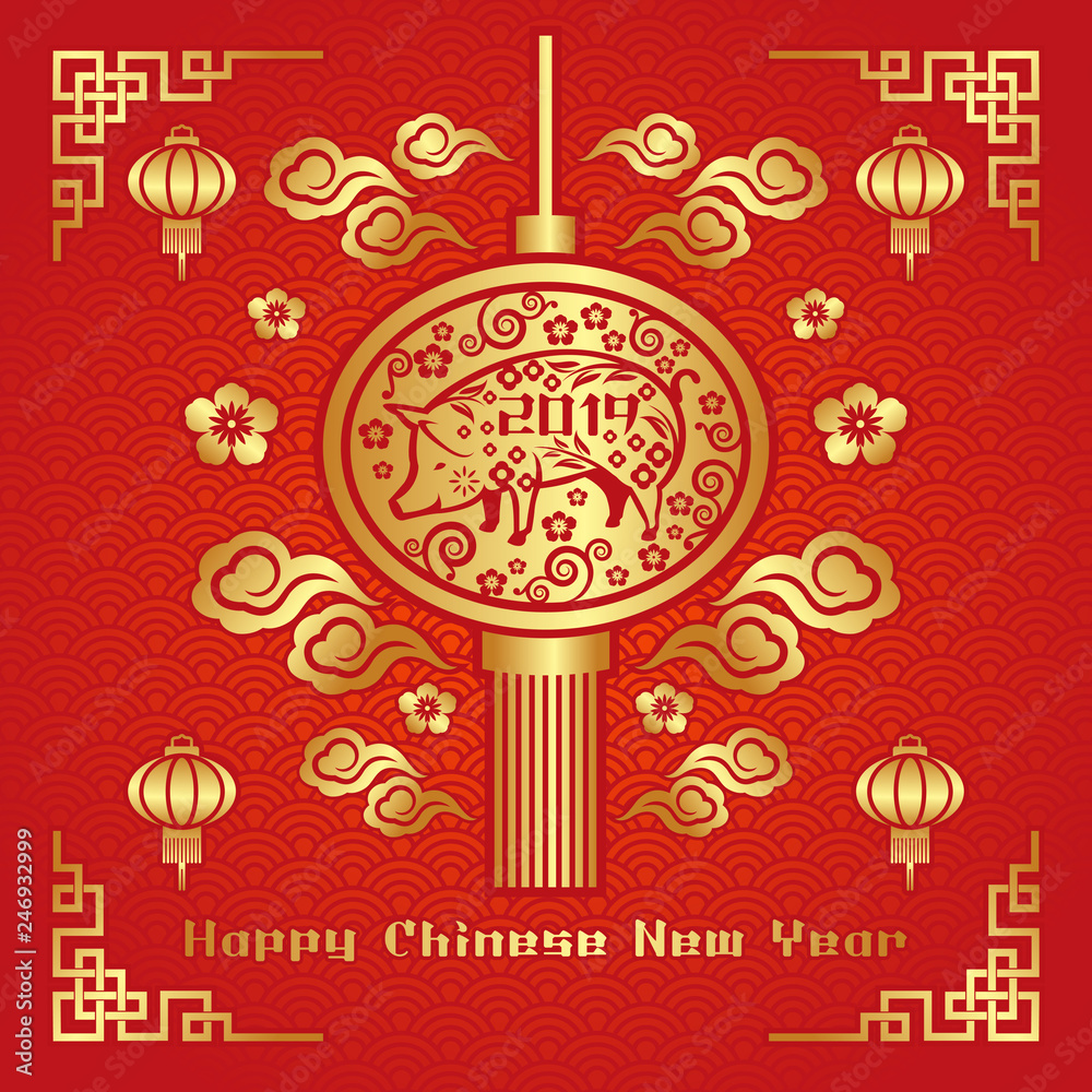 Happy chinese new year Greeting Card. Vector Illustration for Year of the pig banner.