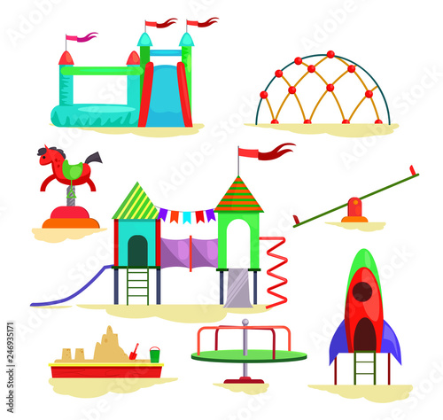 Children playground icons. Set of line icons. Carousel, slide, trampoline. Childhood concept. Illustrations can be used for topics like children, outdoor activity, playground