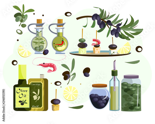 Delicacy icons set. Set of line icons. Olives, oil, shrimp. Eating concept. Illustrations can be used for topics like food advertising, delicacy, traveling 