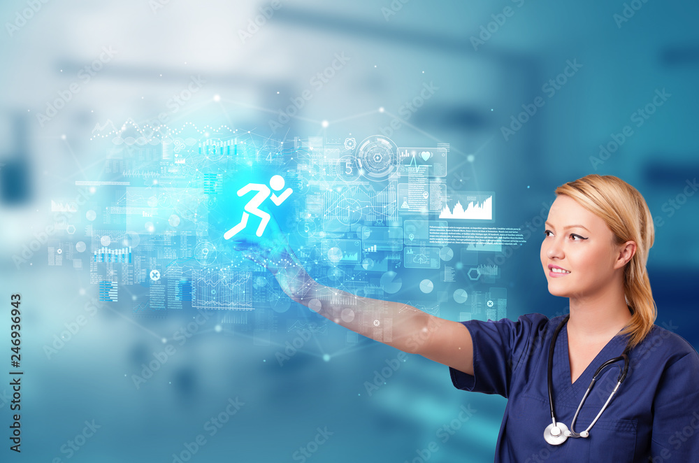 Doctor touching hologram screen displaying healthcare running symbols
Doctor touching hologram screen displaying healthcare running symbols
