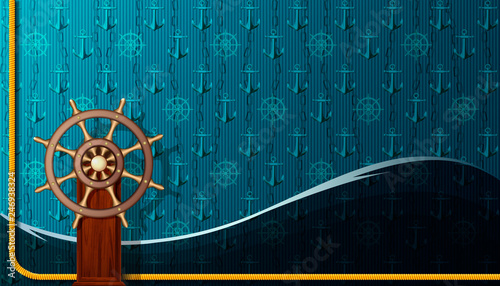 Marine background with a retro steering wheel.