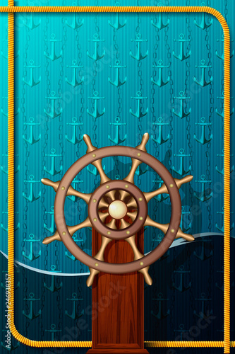 Marine background with a retro steering wheel.