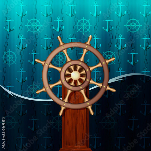 Marine background with a steering wheel.
