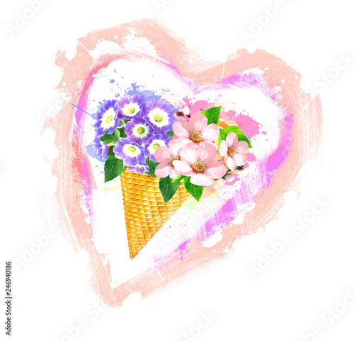 Waffle cones ice cream with a bouquet of flowersn the form of a heart. . Valentine's day concept. photo