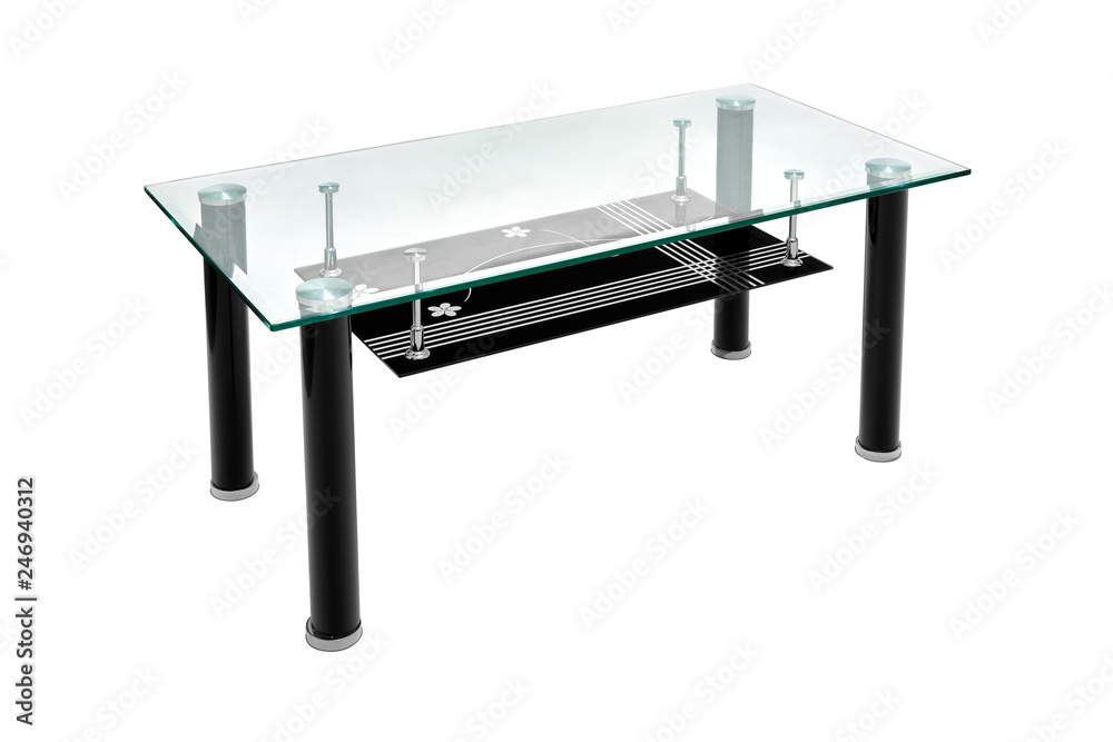 Black glass and aluminium chrome coffee table. Modern table for the living room with floral design, isolated on white background, clipping path included Black glass and aluminium chrome coffee table. Modern table for the living room with floral design, isolated on white background, clipping path included