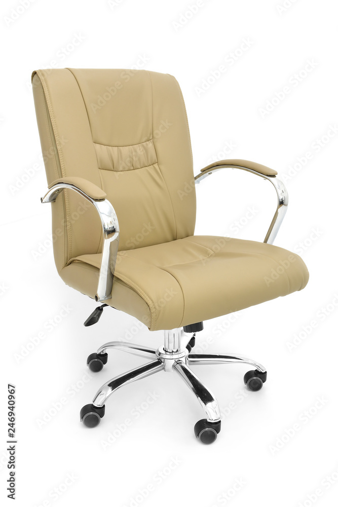 Office premium chair. Modern beige leather chair for office managers and CEOs, isolated on white background Office premium chair. Modern beige leather chair for office managers and CEOs, isolated on white background