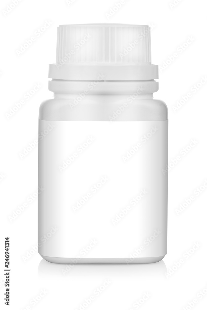 Medicine bottle with blank label isolated on white background, with nice reflection. Clipping path included.
