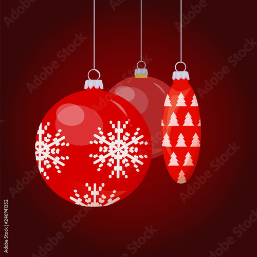 Baubles and toys for Christmas tree decoration winter celebration vector. Balls with holes hang on threads, snowflake print ornament, cone xmas decor