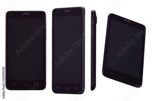 Black mobile smart phone in four positions. For game design, smartphone mobile application presentation. This smartphone mock-up isolated on white background, clipping path included