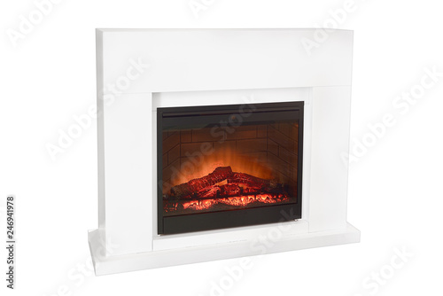 White wooden burning fireplace with roaring flames. Isolated on white background  clipping path included. Modern design fireplace as a piece of furniture