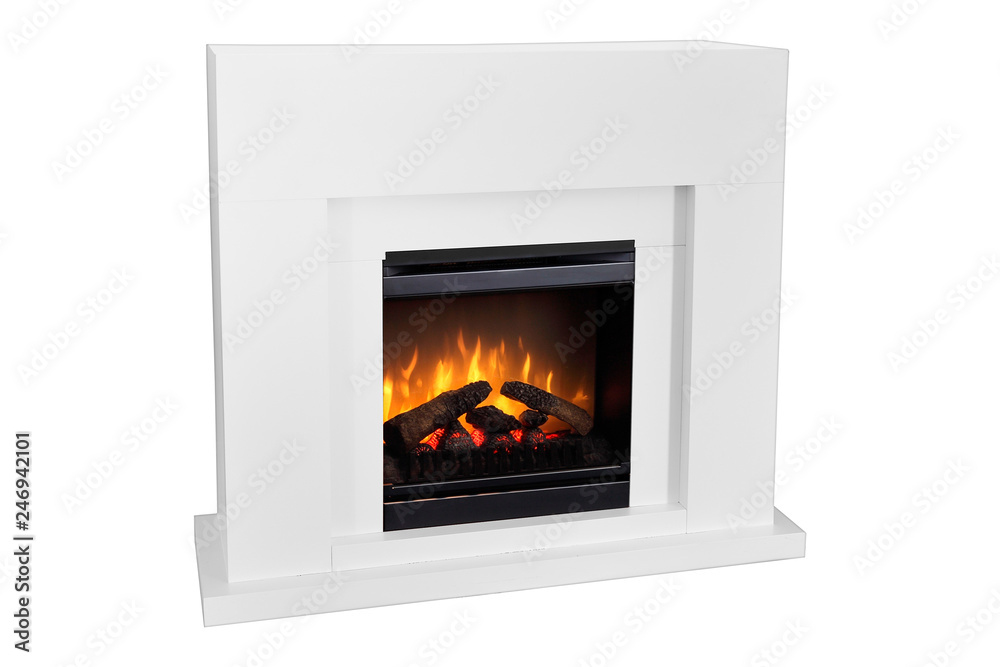 White wooden burning fireplace with roaring flames. Isolated on white background, clipping path included. Modern design fireplace as a piece of furniture White wooden burning fireplace with roaring flames. Isolated on white background, clipping path included. Modern design fireplace as a piece of furniture