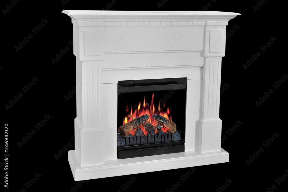 White wooden fireplace with roaring flames, classic elegant design. Isolated on black background, clipping path included. Fireplace as a piece of furniture White wooden fireplace with roaring flames, classic elegant design. Isolated on black background, clipping path included. Fireplace as a piece of furniture