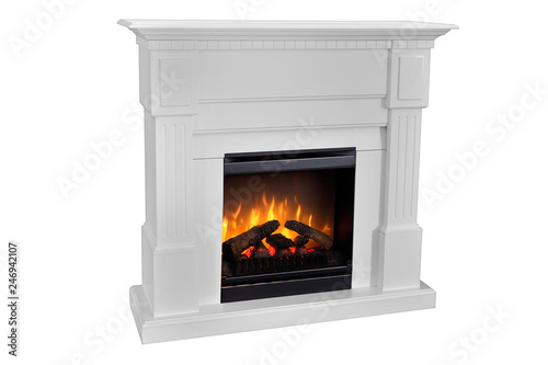 White wooden fireplace with roaring flames  classic elegant design. Isolated on white background  clipping path included. Fireplace as a piece of furniture