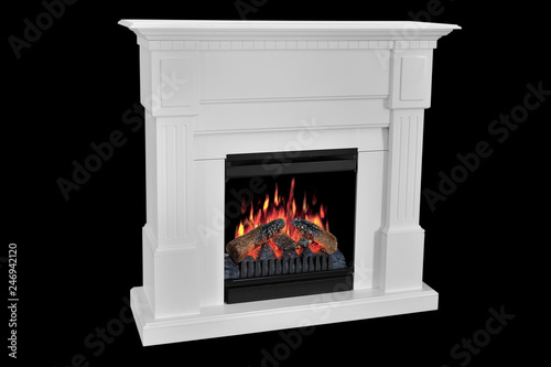 White wooden fireplace with roaring flames, classic elegant design. Isolated on black background, clipping path included. Fireplace as a piece of furniture
