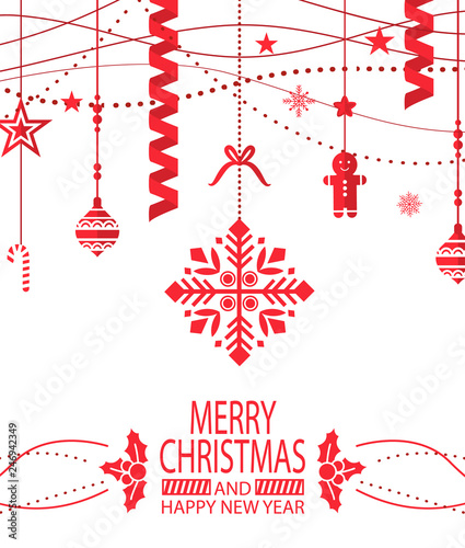 Merry Christmas and happy New Year greeting poster vector. Mistletoe and gingerbread man, confetti and star shaped toys, decoration of home xmas symbols
