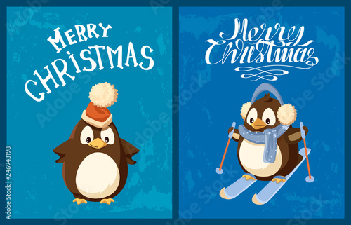 Penguin in Santa hat and earmuffs on skis greeting card. Bird in scarf and sticks  festive headdress  winter sport  Christmas and New Year holidays vector