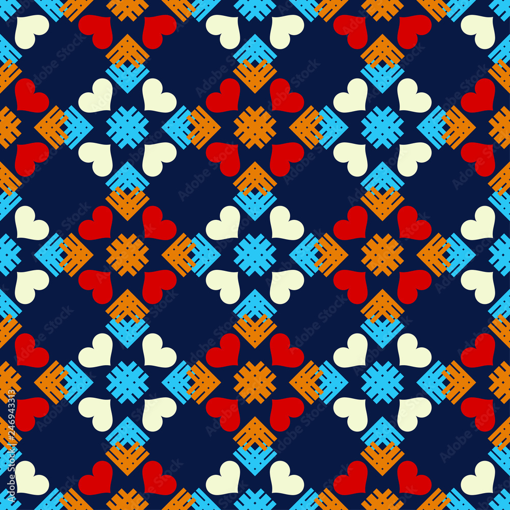 Seamless pattern. Mosaic of hearts and stripes. Valentine's day. Vector illustration. Can be used for wallpaper, textile, invitation card, web page background. Seamless pattern. Mosaic of hearts and stripes. Valentine's day. Vector illustration. Can be used for wallpaper, textile, invitation card, web page background.