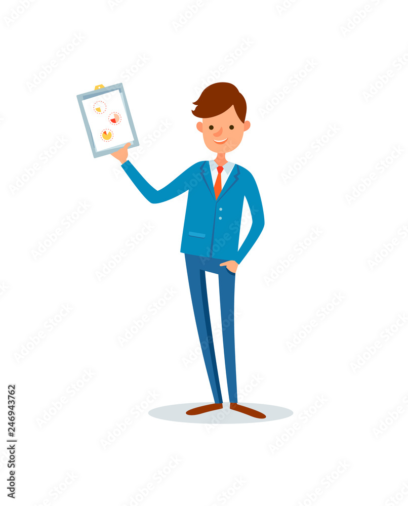 Man showing clipboard page with pie diagram and charts vector. Analyst holding presentation sheet with data about projects. Leader with strategy plan Man showing clipboard page with pie diagram and charts vector. Analyst holding presentation sheet with data about projects. Leader with strategy plan