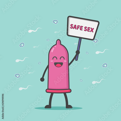 Illustration of cute and kawaii condom mascot charactor showing "SAFE SEX" label surrounded by sperm, disease, bacteria and virus. Contraceptive device and sexually transmitted infection concept