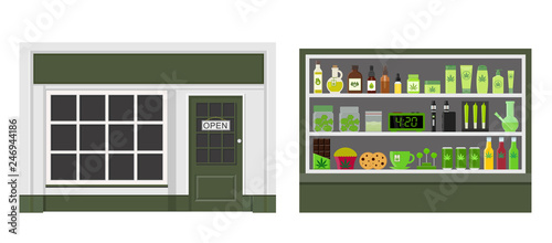 Marijuana store. Marijuana equipment and accessories for smoking, storing medical cannabis. Cannabis products. Marijuana Legalization. Isolated vector illustration.