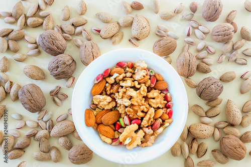 Different types of nuts- assorted walnuts, almonds and pistachios. Concept- healthy diet,  full source of vegetable protein in vegetarianism and raw food.