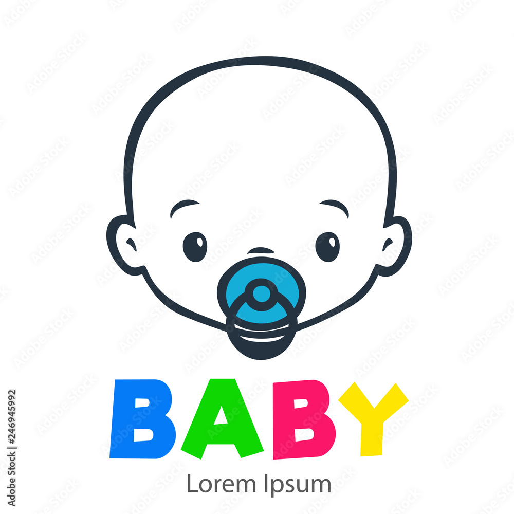 Logotipo con texto BABY con caricatura de cara de bebé lineal color gris y  chupete color azul Stock Vector | Adobe Stock