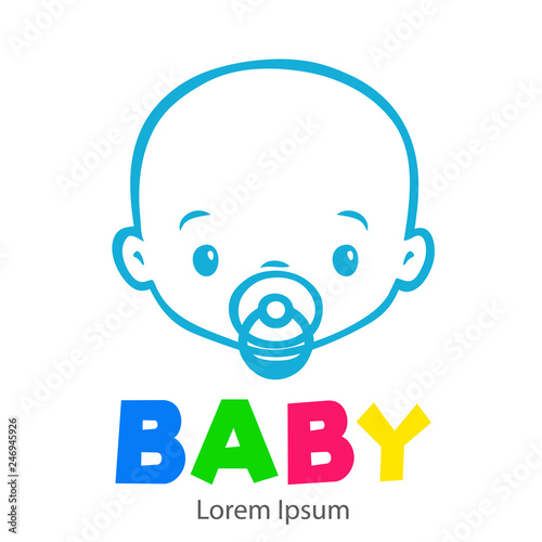 Logotipo con texto BABY con caricatura de cara de bebé lineal con chupete color azul