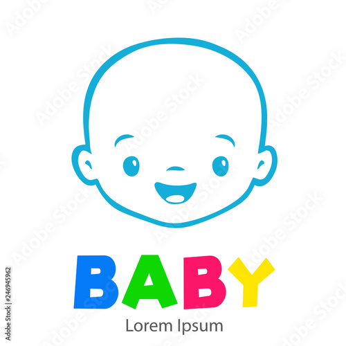 Logotipo con texto BABY con caricatura de cara de bebé lineal en color azul
