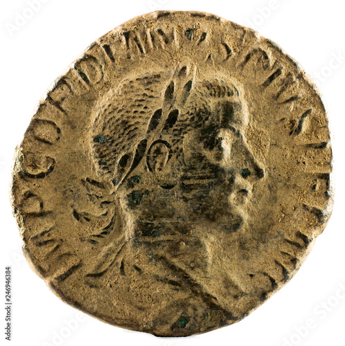 Ancient Roman bronze sertertius coin of Emperor Gordian III. Obverse. photo