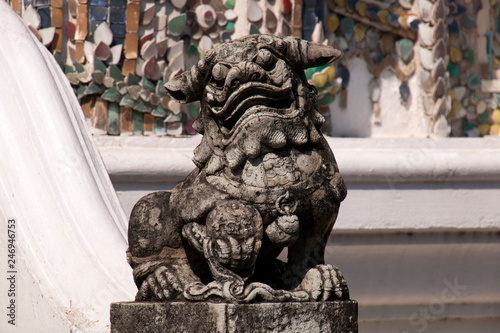 Bangkok Thailand, Mythological chinese style lion or dragon guarding the Phra Viharn Yod at the Wat Phra Kaew