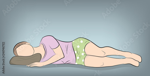 the woman is lying on the right pillow. correct position when sleeping. vector illustration.