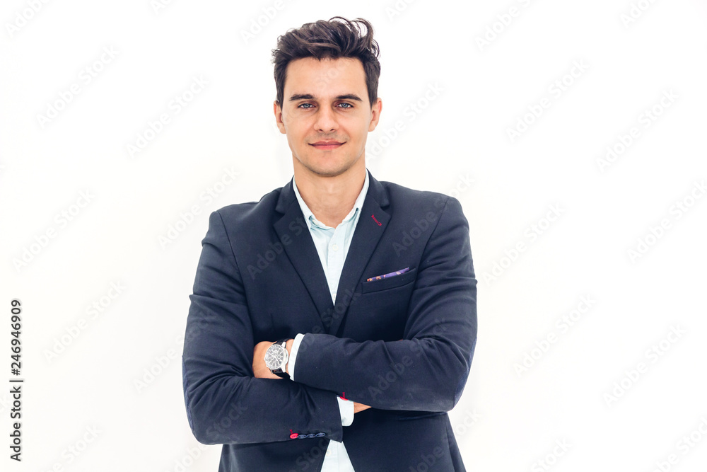 Portrait of handsome man smiling isolated on white background