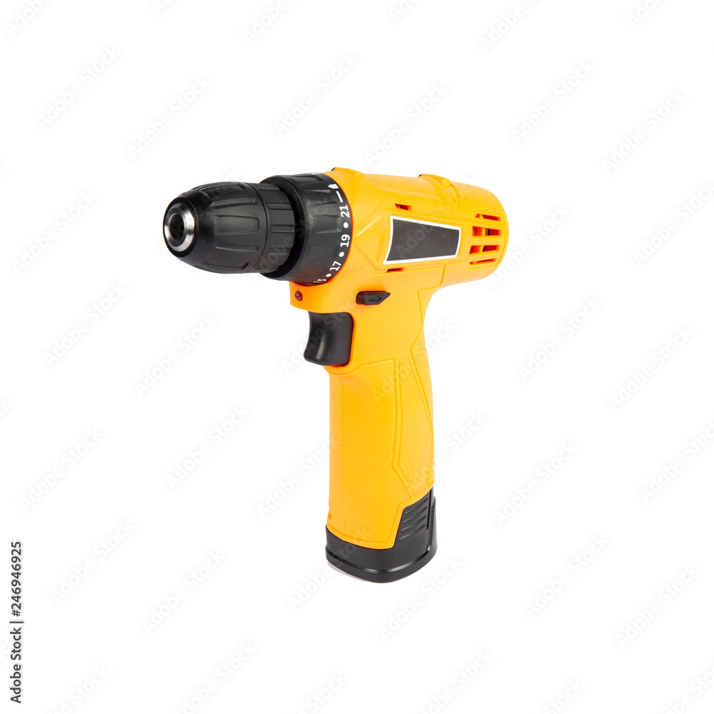 Compact yellow cordless screwdriver isolated on a white background Compact yellow cordless screwdriver isolated on a white background