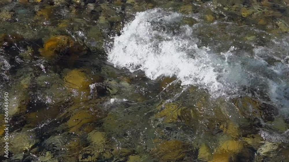 Water river background. close up of stones in pure fresh transparent mountain river water. View from above. Stones can be seen through the water at bottom. Nature Flowing current shallow river Water river background. close up of stones in pure fresh transparent mountain river water. View from above. Stones can be seen through the water at bottom. Nature Flowing current shallow river