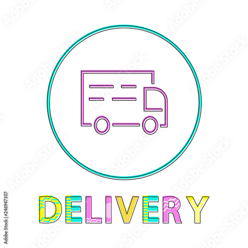 Delivery minimalist color icon in lineout style. Small round framed transportation depiction on white for e-store load service website vector badge
