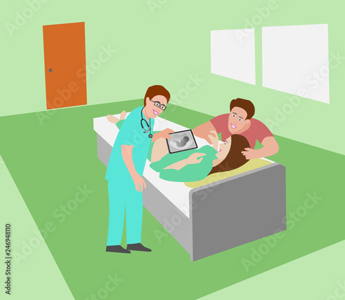 Obstetrics are doing ultrasound See the baby in the belly of the woman on the bed with the couple waiting to cheer in blue room