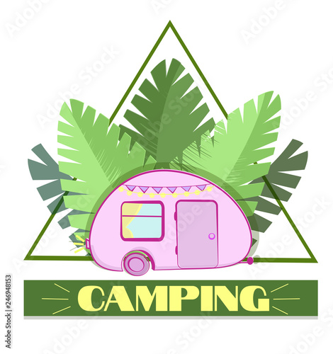 Hiking emblem. Vector illustration with trailer and leaves. Traveling logo. Badge for adventure. Camping