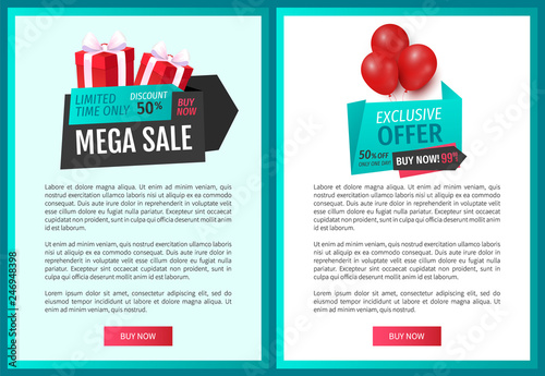 Exclusive offer 50 percent half price discount sale, web page templates vector. Balloons and ribbons with proposition of market, shop with reduced prices