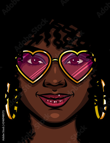 Color vector illustration of an African American girl in pink glasses. Happy girl in love. Face of a beautiful girl with makeup and curly hair. Girl with round gold earrings and glasses shape of heart