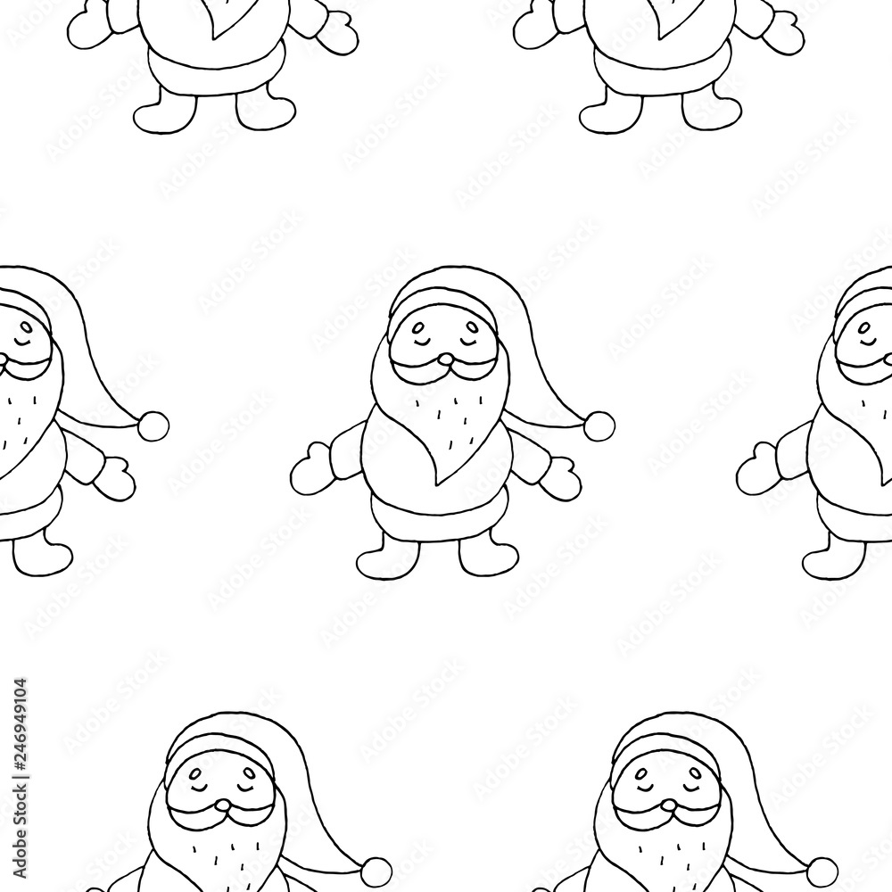 Fototapeta Cute cartoon santa claus pattern with hand drawn santa. Sweet vector black and white santa claus pattern. Seamless monochrome doodle santa claus pattern for textile, wallpapers, wrapping and cards.