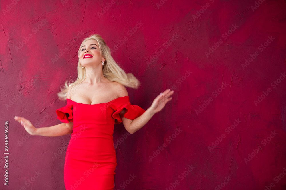 Red color concept. Beautiful woman celebrating spring . 8 March Happy Women's Day concept. Valentine day Red color concept. Beautiful woman celebrating spring . 8 March Happy Women's Day concept. Valentine day