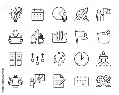 set of planning icons, such as strategy, time, meeting, brainstorm, vote, action plan