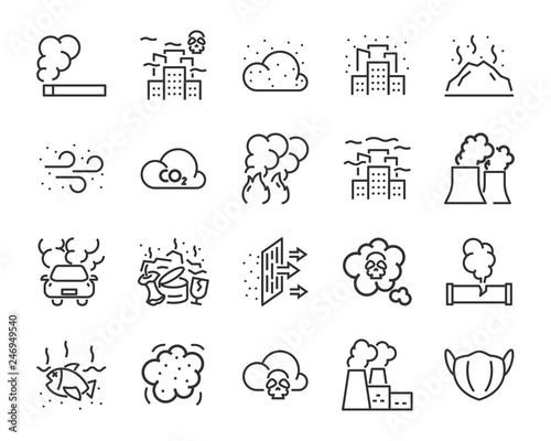 set of air pollution icons, such as, smoke, dust, gas, industry, pm 2.5 photo