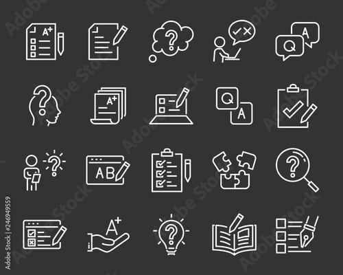 set of question icons, such as, question mark, talk, answer, test, learning