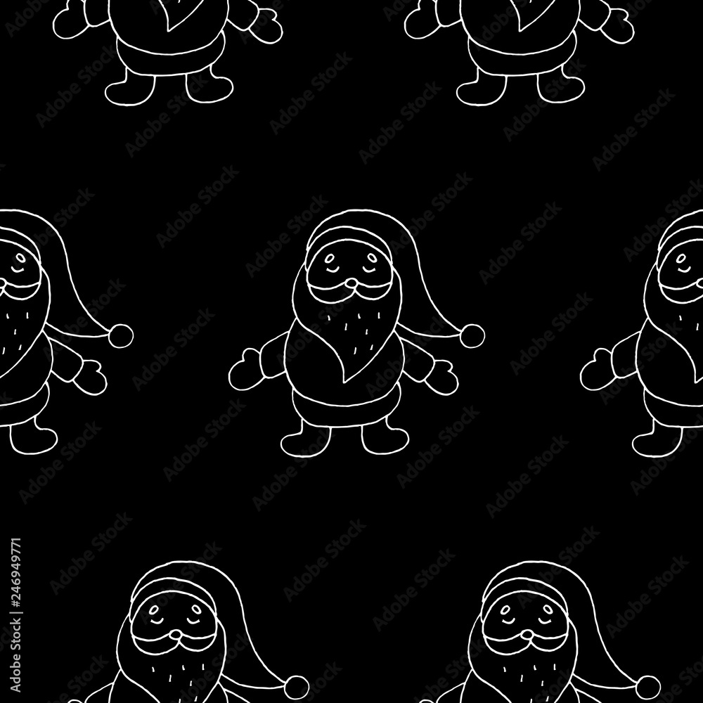 Cute cartoon christmas pattern with hand drawn santa. Sweet vector black and white christmas pattern. Seamless monochrome doodle christmas pattern for textile, wallpapers, wrapping paper and cards.