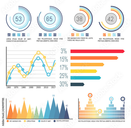 Infographic and pie diagrams, curve lines visual info vector. Percentage and numeric data, statistics on graphics, flowcharts and infocharts isolated