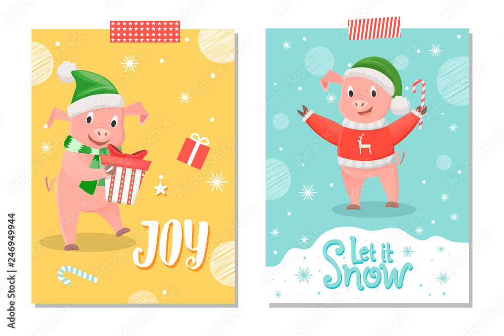 Fototapeta premium Let it snow and joy postcard, piglet New Year symbol with gift box. Pig in red sweater with reindeer and green hat wishing Merry Christmas vector on snowflakes