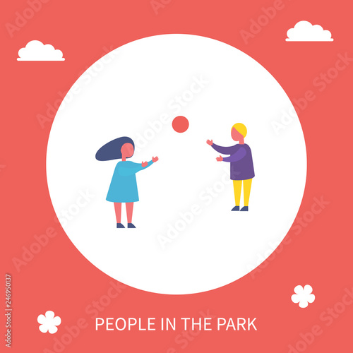 Kids playing volleyball in park cartoon banner isolated vector poster. Girl and boy having fun together play game with ball, active outdoor leisure